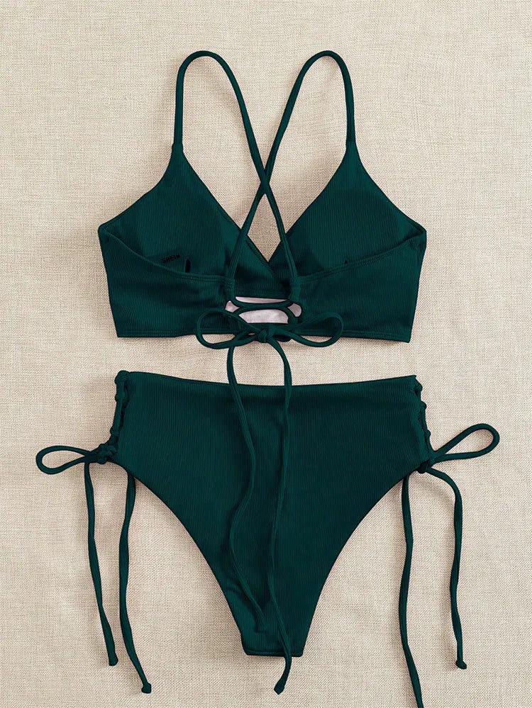 Cikini V-Neck Split Bikini Set – Sexy Lace-Up Triangular Solid Color Swimwear for Women