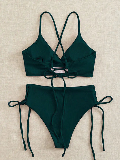 Cikini V-Neck Split Bikini Set – Sexy Lace-Up Triangular Solid Color Swimwear for Women