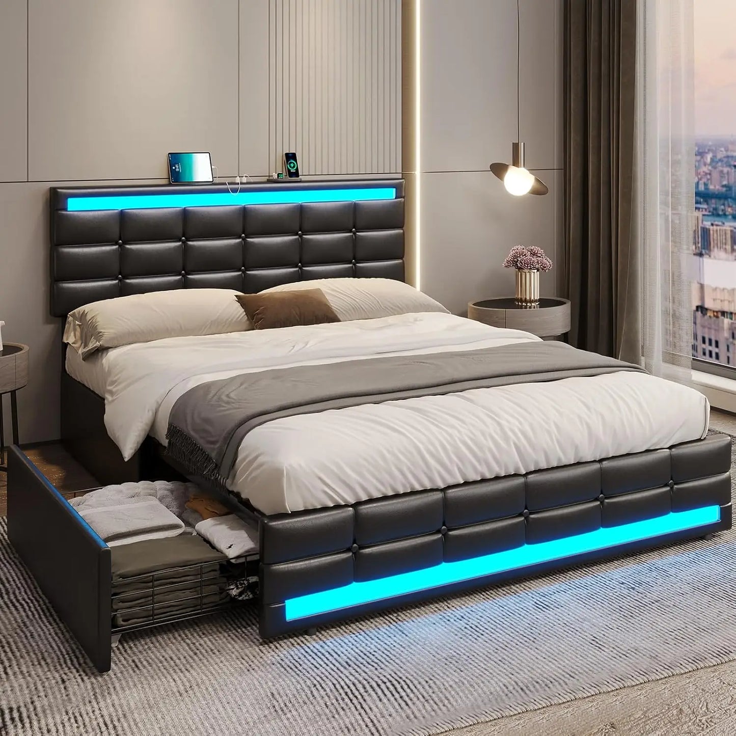 LED Full Size Bed Frame – Upholstered Platform Bed with LED Headboard & Footboard, Square Stitched Tufted Design