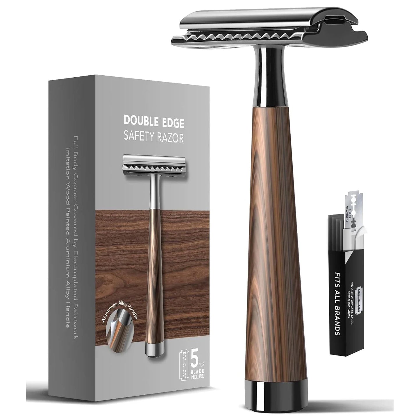 Double Edge Safety Razor – Faux Wood Zinc Alloy Handle with 5 Swiss Stainless Steel Blades, Heavy Duty Eco-Friendly Shaver