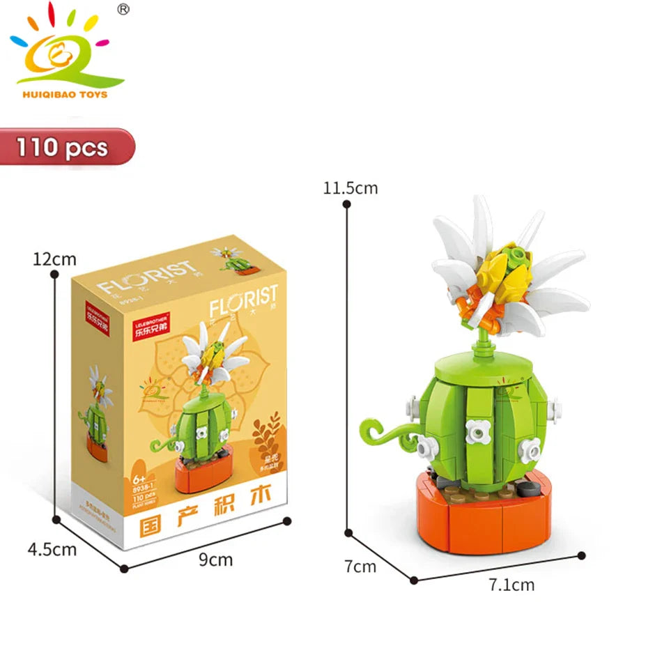HUIQIBAO MOC Flower & Succulent Potted Building Block Set – DIY Eternal Bouquet, Home Desk Plant Decor, Girls & Kids Toy Gift