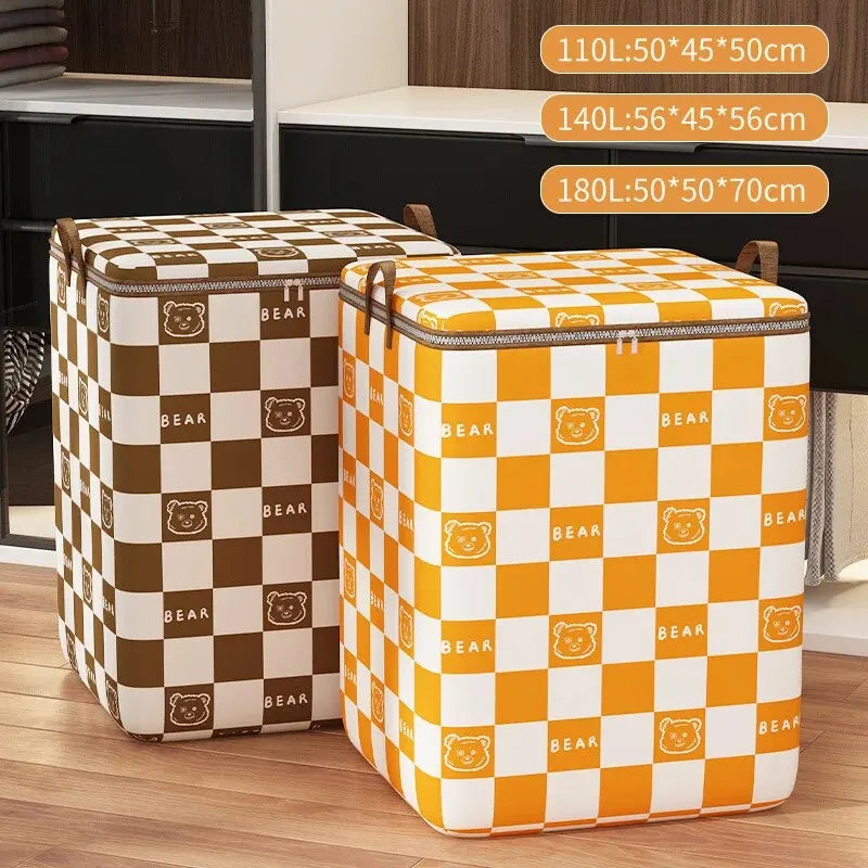 Portable Large Capacity Quilt Storage Bag - Cute Bear Plaid Pattern Clothes Organizer for Home Moving