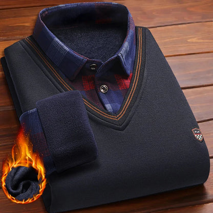 Men's Vintage Plaid Knit Sweater - Warm Fleece Polo Collar Winter Pullover