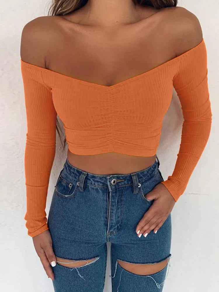Sophisticated Style: Women's Sexy Club Fashion T-Shirt - Long Sleeve Off-Shoulder Solid Color Lady Tee for Autumn, Basic and Chic