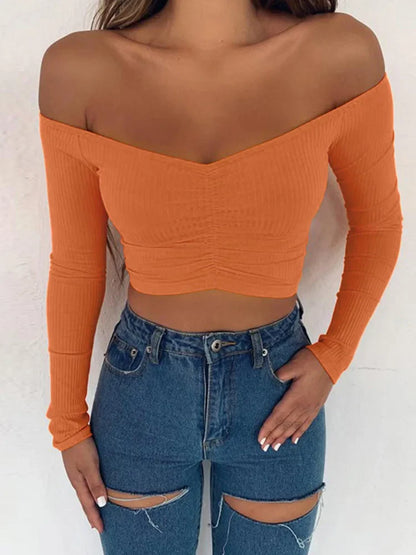 Sophisticated Style: Women's Sexy Club Fashion T-Shirt - Long Sleeve Off-Shoulder Solid Color Lady Tee for Autumn, Basic and Chic