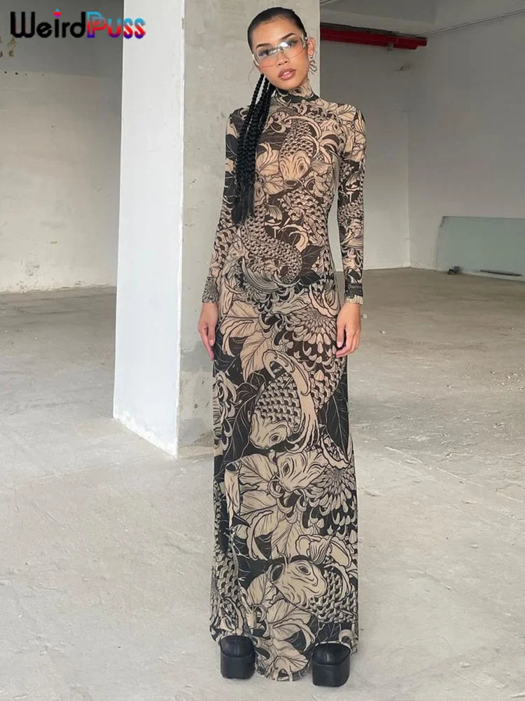 Mesh Print Women's Maxi Dress: Weird Puss Pattern, Turtleneck, Full Sleeve - Autumn Trendy Hipsters High Street Party Y2K Attirewear