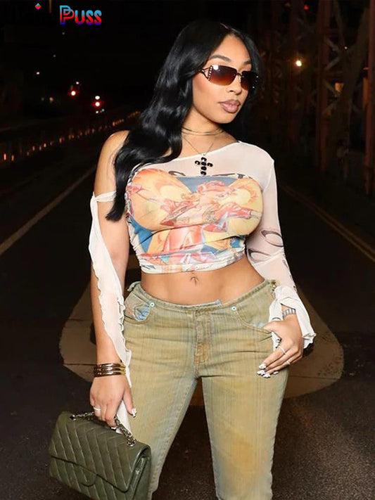 Weird Puss One-Shoulder Crop Top for Women – See-Through Bandage Graphic T-Shirt, Sexy Summer Clubwear 2024