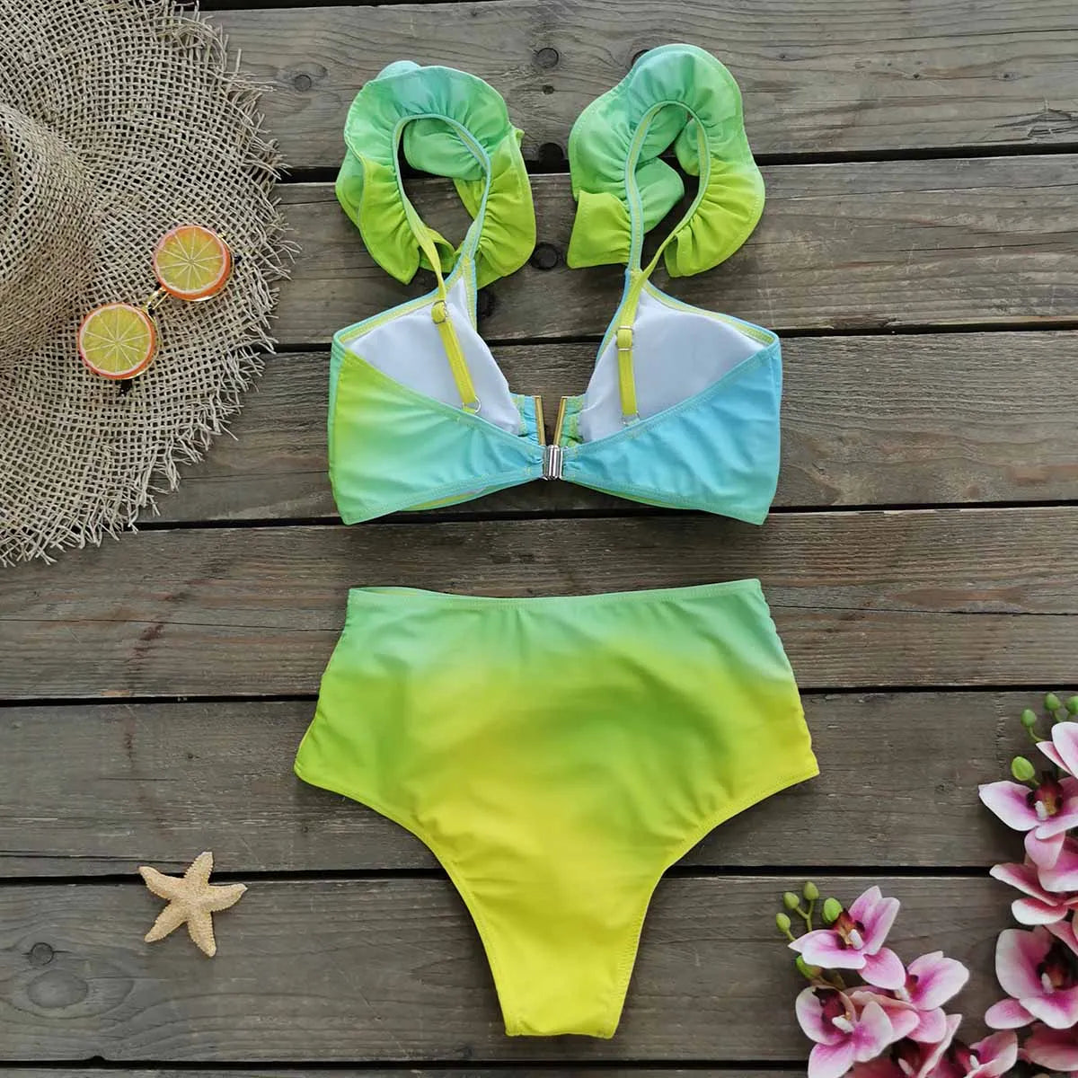 Sporlike V-Neck Ruffled Bikini Set – High Waist Sexy Printed Two-Piece Swimsuit for Women 2025
