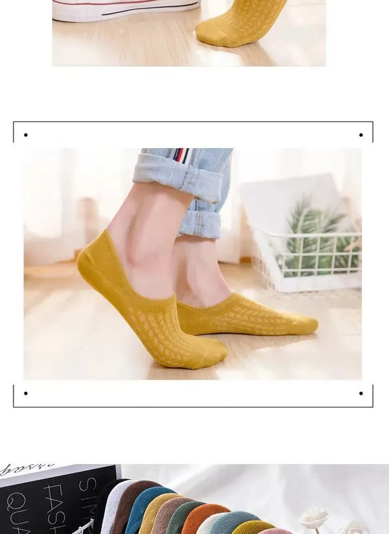 5 Pairs Women's Silicone Invisible Boat Socks - Summer Solid Color Ankle Socks, Soft Cotton Slipper, Size 35-40 EUR