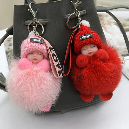 Pompom Sleeping Baby Keychain - Fluffy Plush Doll Keyring for Bags, Cars & Gift Decoration