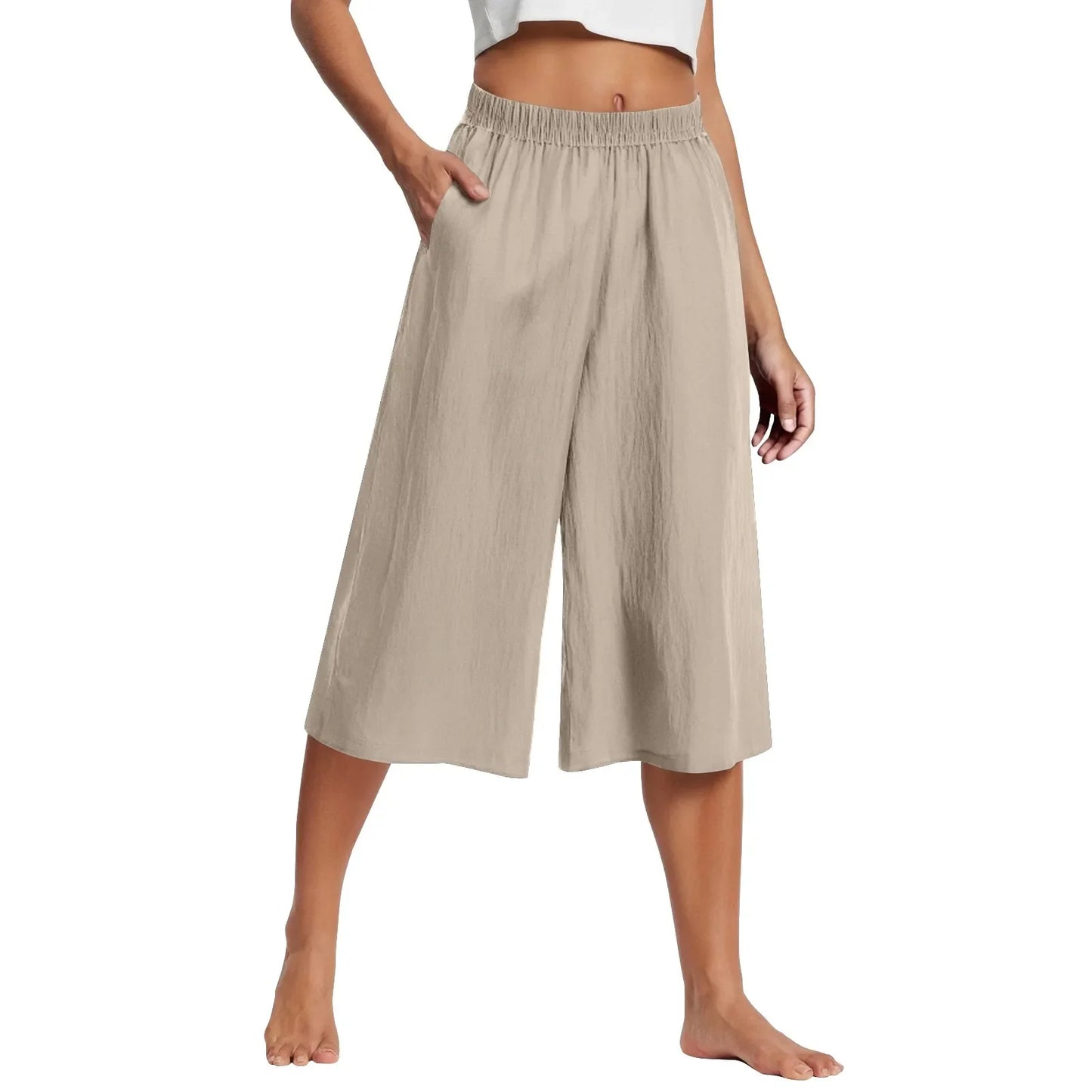 Women’s Casual Wide Leg Pants – High Waisted Loose Fit Cropped Capris with Pockets, Lightweight Lazy Style Versatile Trousers