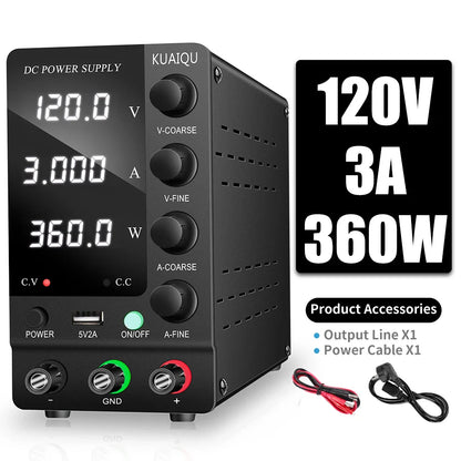 KUAIQU Adjustable DC Power Supply – Lab Bench 30V 10A, 60V 5A, 120V 3A with Preset Current & USB Interface