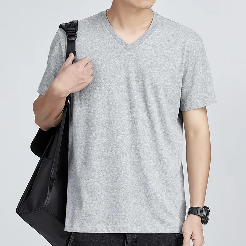 Men's Pure Cotton V-Neck T-Shirt - Comfortable Loose-Fit Casual Short Sleeve Top