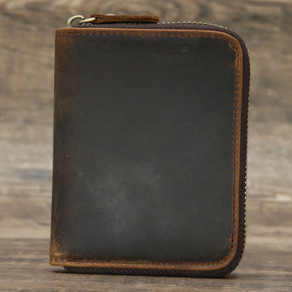 Men’s Genuine Leather Zipper Wallet – Compact Short Purse with Credit Card Slots, Cash & Coin Pocket