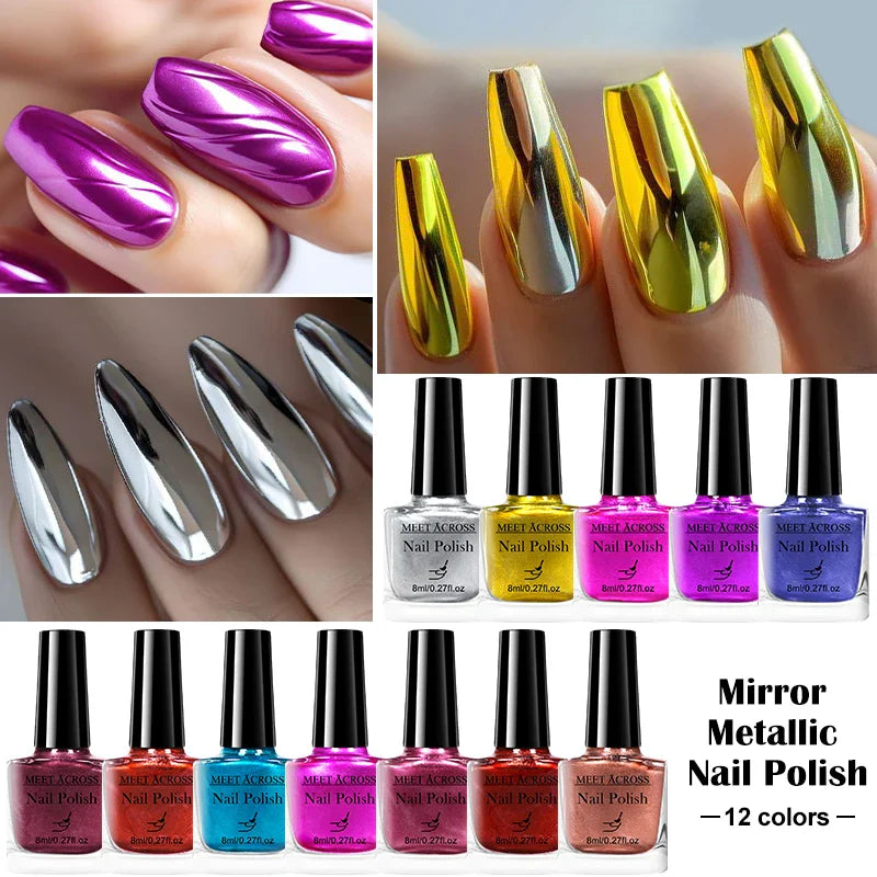 8ml Metallic Mirror Effect Nail Polish – Fast Drying Long-Lasting DIY Manicure Art, No Lamp Cure Nail Supplies