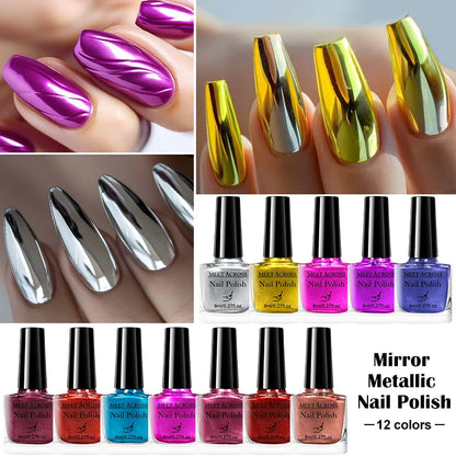 8ml Metallic Mirror Effect Nail Polish – Fast Drying Long-Lasting DIY Manicure Art, No Lamp Cure Nail Supplies