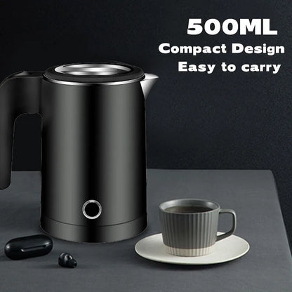 0.5L Small Stainless Steel Electric Kettle | Travel Mini Hot Water Boiler with Double Wall