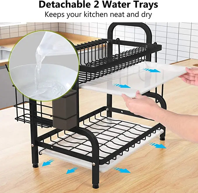 Compact 2-Tier Dish Drying Rack Set: Large Rust-Proof Drainer with Utensil Holder - Efficient Kitchen Organization