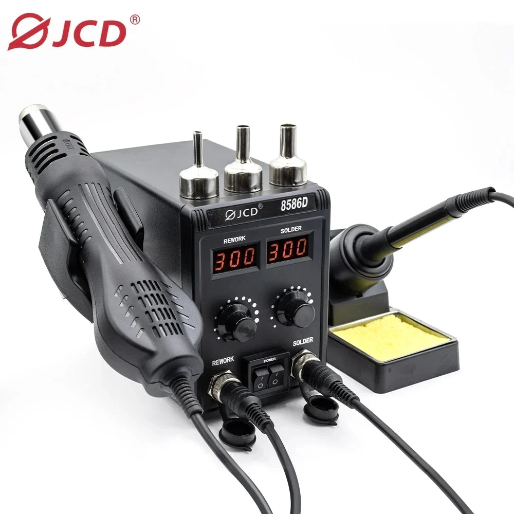 JCD 8586D 2-in-1 750W Soldering Station with Hot Air Gun – LCD Digital Display Electric Soldering Iron for SMD Welding & Rework