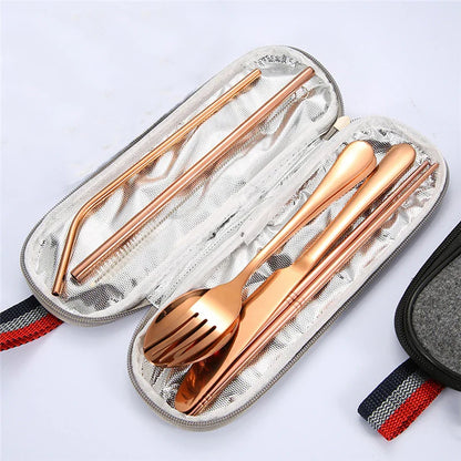 8-Piece Reusable Travel Cutlery Set — Stainless Steel Spoon, Fork, Chopsticks & Straw with Portable Case