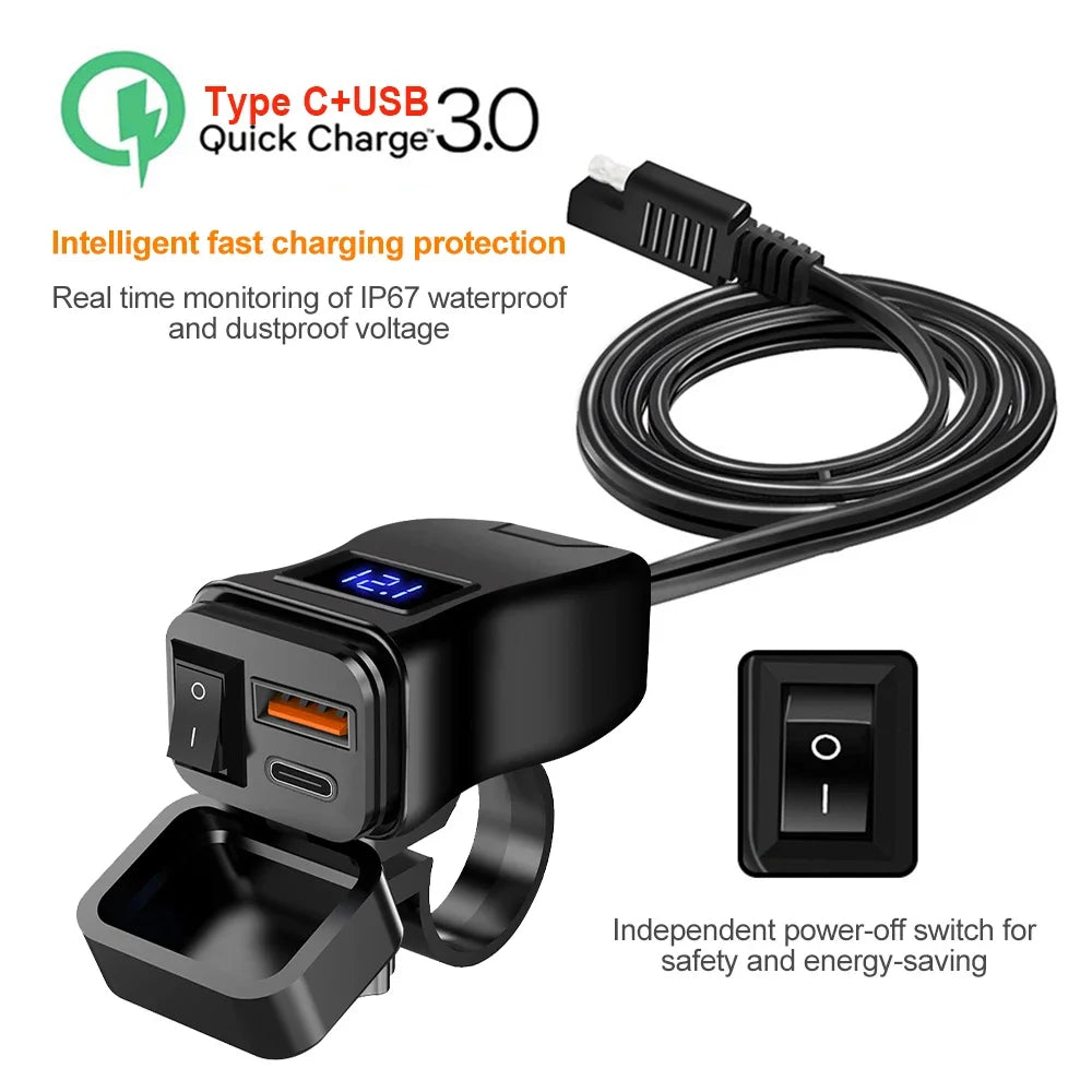 PD QC3.0 Motorcycle USB Fast Charger — 60W Dual USB Handlebar Socket with Switch & Voltmeter, Waterproof 12V Power Adapter