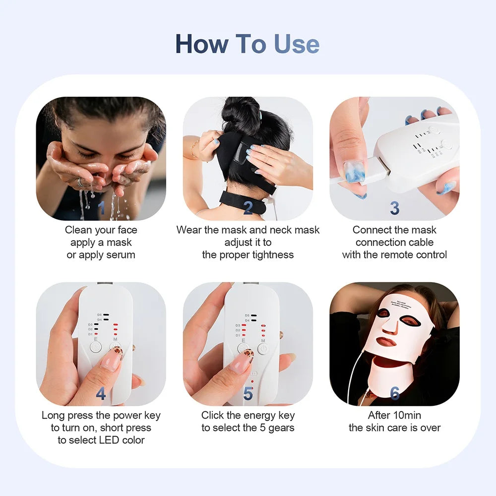 Silicone LED Mask with Neck – 7-Color Photon Red Light & Infrared Therapy, Flexible Wireless Facial Skin Repair Mask