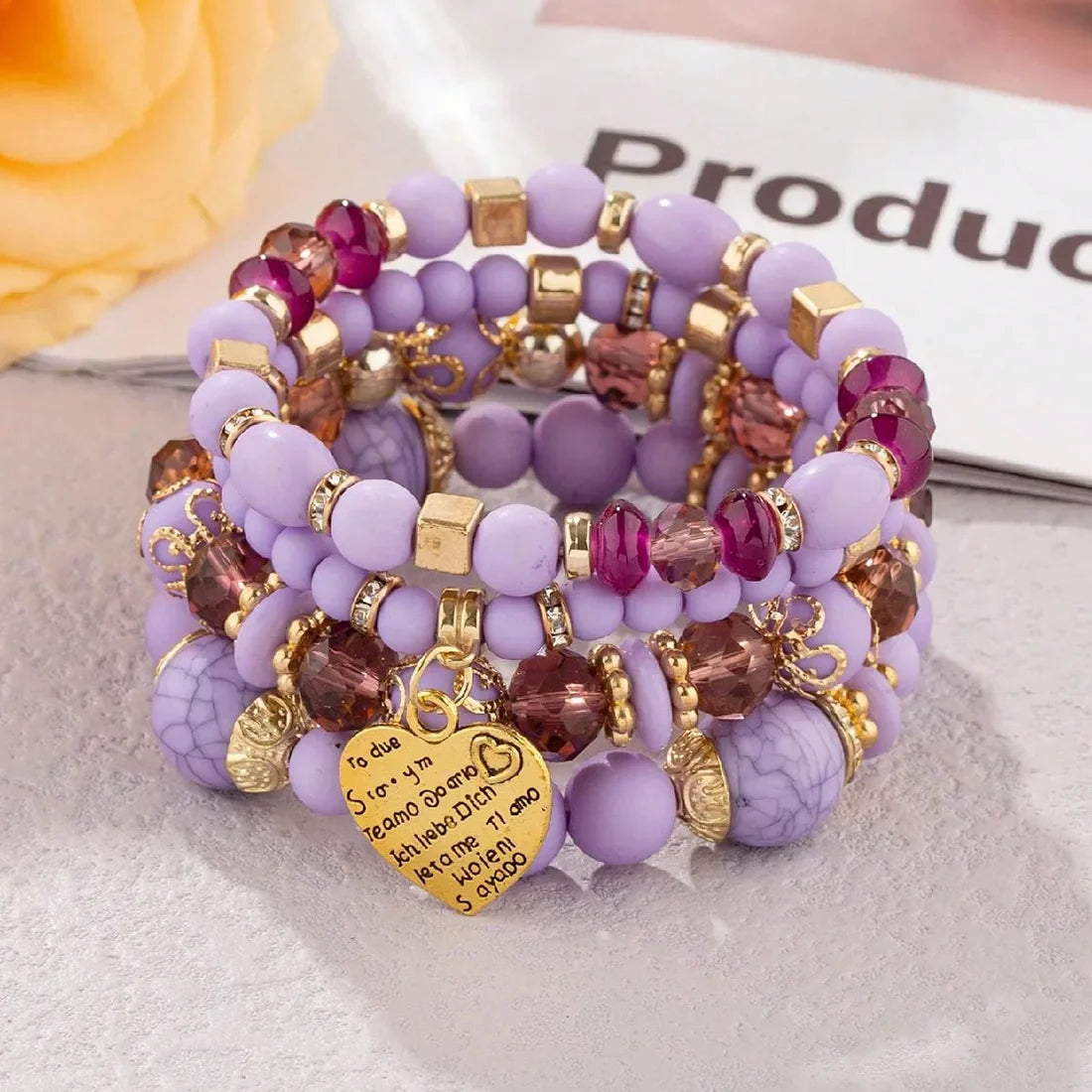 Bohemian Acrylic Beaded Bracelet Set – Solid Heart Charm Elastic Bangles for Women & Men, Retro Daily Wear Jewelry Gift