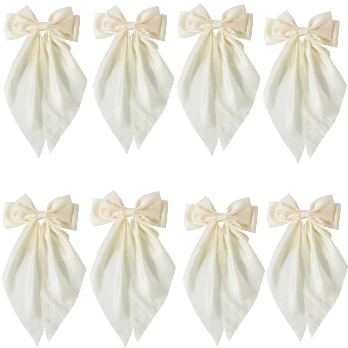 8 Ladies Satin Ribbon Bow Hair Clips – Oversized White, Pink, Red, Blue, Black Long Tail, Spring Clip for Ponytail Hair Accessories