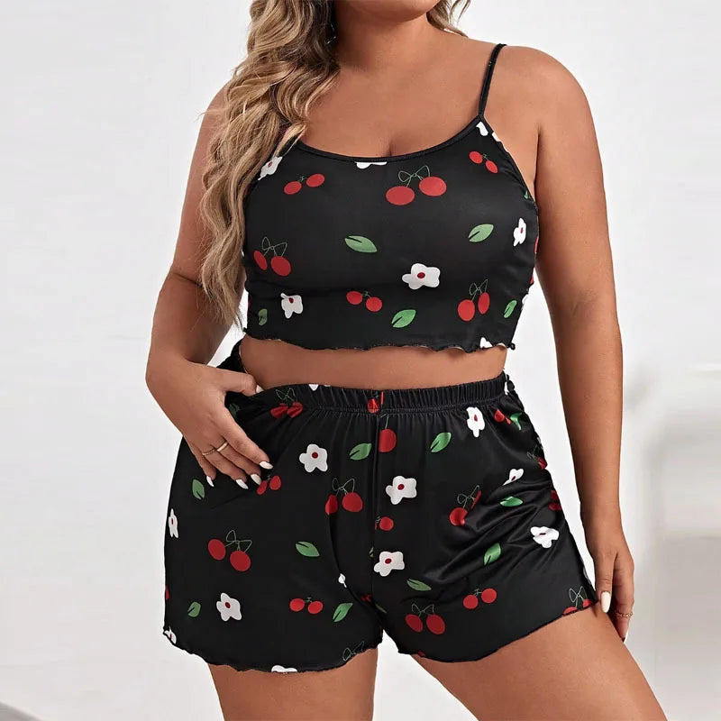 Plus Size Women’s Pajama Set — Sleeveless Heart Print Top & Elastic Waist Shorts, XL–XXXL Sleepwear Nightwear