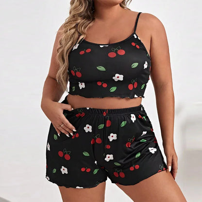 Plus Size Women’s Pajama Set — Sleeveless Heart Print Top & Elastic Waist Shorts, XL–XXXL Sleepwear Nightwear