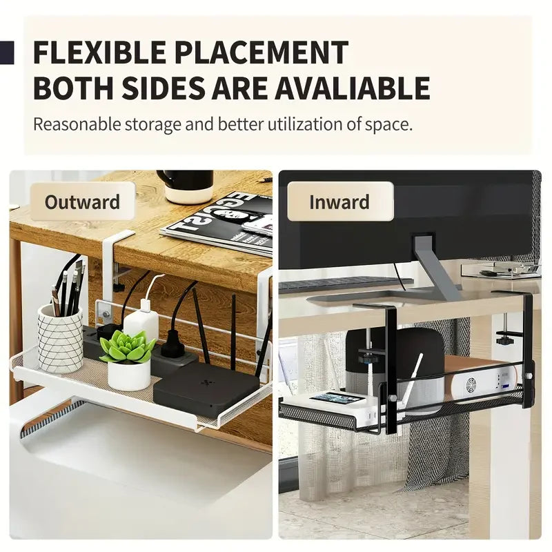 Under Table Storage Rack – Metal Cable Organizer & Office Supplies Holder, Sturdy Durable Plug-in Desk Storage Solution