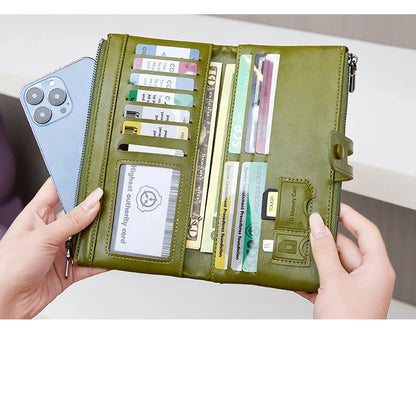 RFID Blocking Large Capacity Wallet – Soft Leather Solid Color Clutch, Multi-Functional Zipper Purse for Women & Men