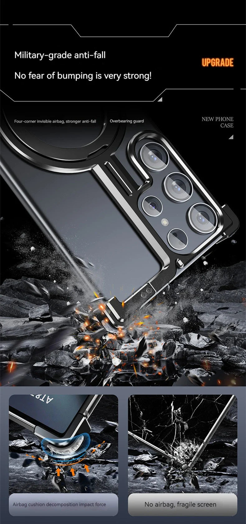 Magnetic Metal Phone Case for Samsung Galaxy S24/S23 Ultra – Aluminum Alloy Frameless Bumper with Finger Ring