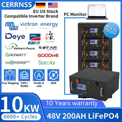 48V LiFePO4 Battery Pack — 100Ah/150Ah/200Ah 51.2V 10KW Rechargeable Lithium Solar Battery with 6000+ Cycles for Home Storage