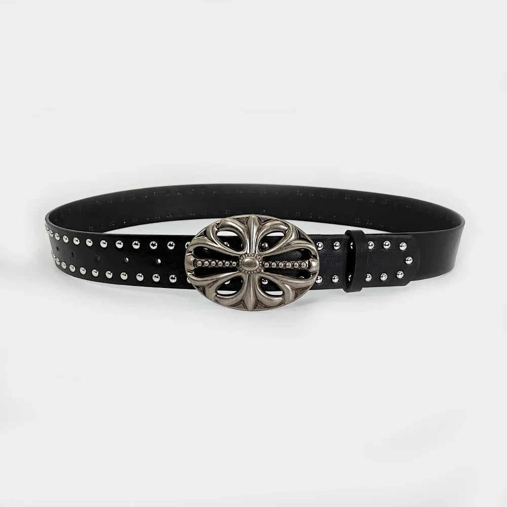 Unisex Punk Gothic Jeans Belt - Wide Hollow Cross & Heart Rivet Waistband for Women and Men