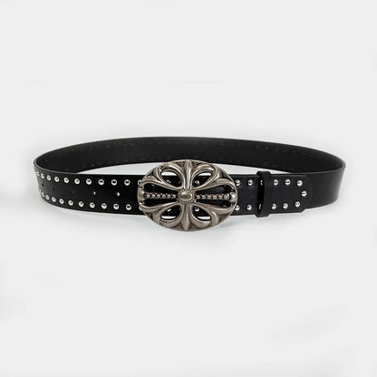 Unisex Punk Gothic Jeans Belt - Wide Hollow Cross & Heart Rivet Waistband for Women and Men
