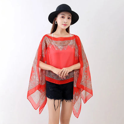 Women’s Summer Beach Shawl – Loose Chiffon Bikini Cover-Up Blouse with Buttons Sun Protection Scarf