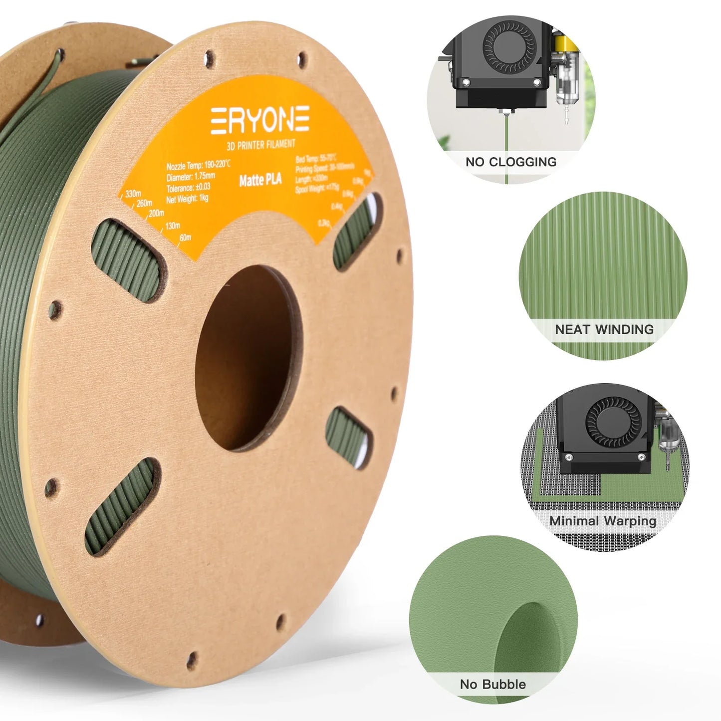 ERYONE Matte PLA Filament 1.75mm – 1KG High-Quality Spool for 3D Printing, Fast Shipping