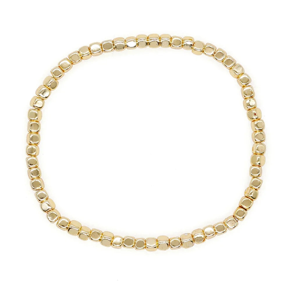 Go2boho Hematite Stone Beaded Bracelet – Handmade Gold Elastic Stretch Stackable Unisex Jewelry