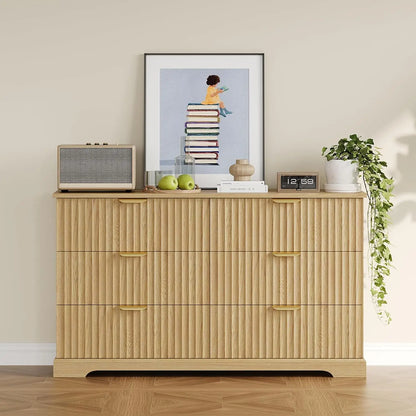 53" 6-Drawer Fluted Wood Dresser – Natural Oak Chest with Metal Handles for Bedroom, Living Room & Entryway Storage (Customizable)
