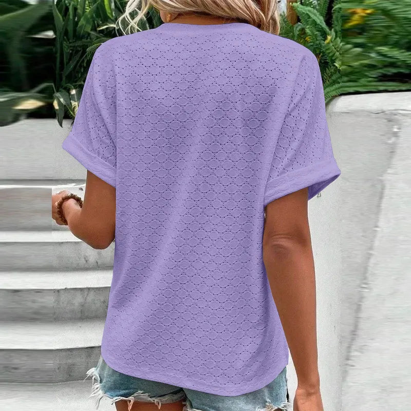 2023 Women's Jacquard V-Neck Blouse – Casual Button-Up, Loose Fit Short Sleeve Oversized Summer Shirt