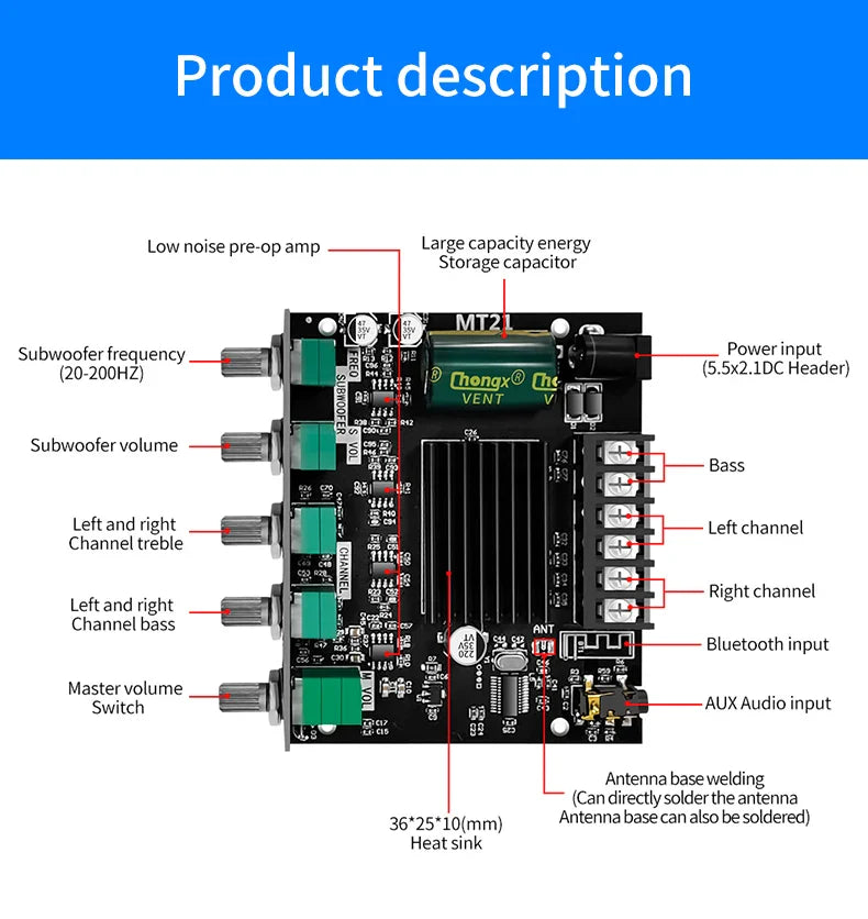 ZK-MT21 Bluetooth 5.0 2.1 Subwoofer Amplifier Board – CS8673E 50W×2 + 100W Stereo Bass Audio AMP with AUX Input
