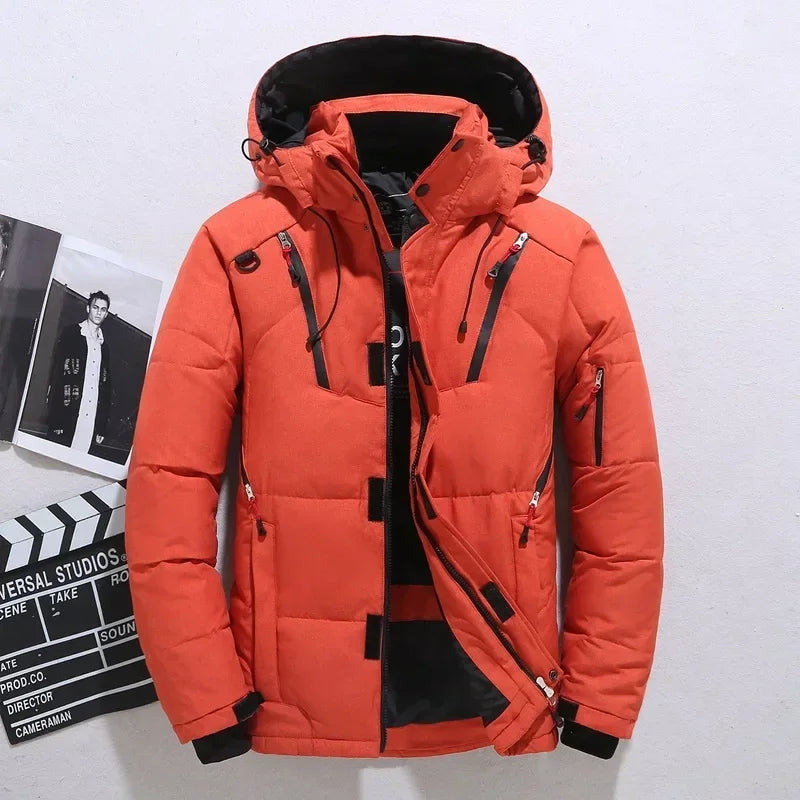 Men's Winter Hooded Puffer Jacket – White Duck Down Coat, Windproof & Warm Outdoor Parka, Size 5