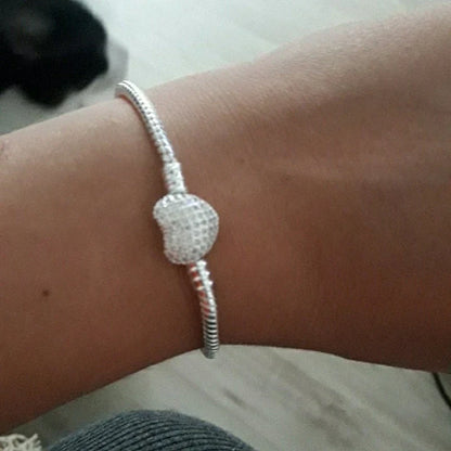 Silver Color Heart Bracelet - Shiny Zircon Love Bracelet for Women, Fits Original Charm Jewelry Gift