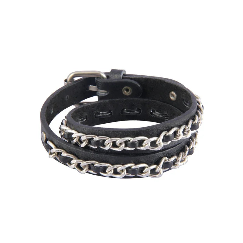 Punk Rock Hip Hop PU Leather Bracelet – Unisex Skull, Pentagram & Rivet Chain Bracelet, Trendy Party Jewelry Accessory