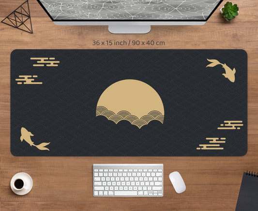 Japanese Black & Gold Desk Mat – Koi Fish, Sun, Cloud, and Seal Art XXL Mouse Pad for Gaming, Sunrise & Sunset Design