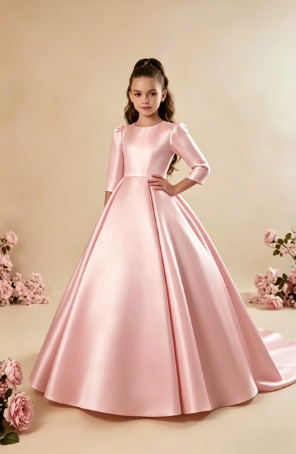 Girls First Communion Satin Dress - Long Sleeve A-Line Princess Gown for Weddings & Parties