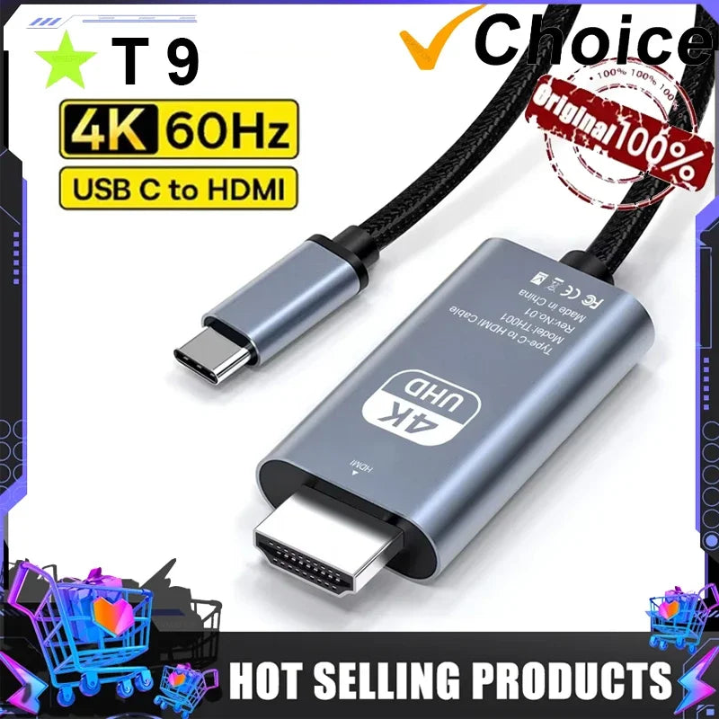 4K 60Hz USB-C to HDMI Cable – Type C Adapter for iPhone 15, MacBook Air, iPad, Samsung, Laptop, TV Converter