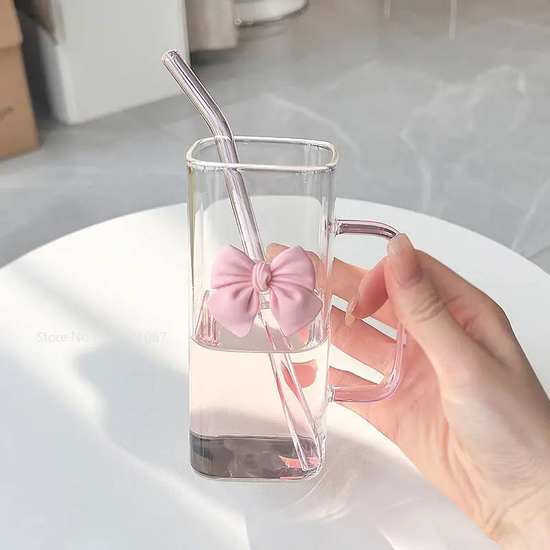 350ML Square Mug with Lid and Straw – Household Cup for Milk and Coffee, Pink Handle Gift for Women