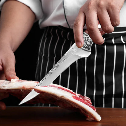 Kitchen Boning Knife Set - Stainless Steel Chef's Meat Cleaver, Butcher Knife, and Fruit Paring Knife with Wood Handle for Cutting Meat, Pork, Beef, and Fish